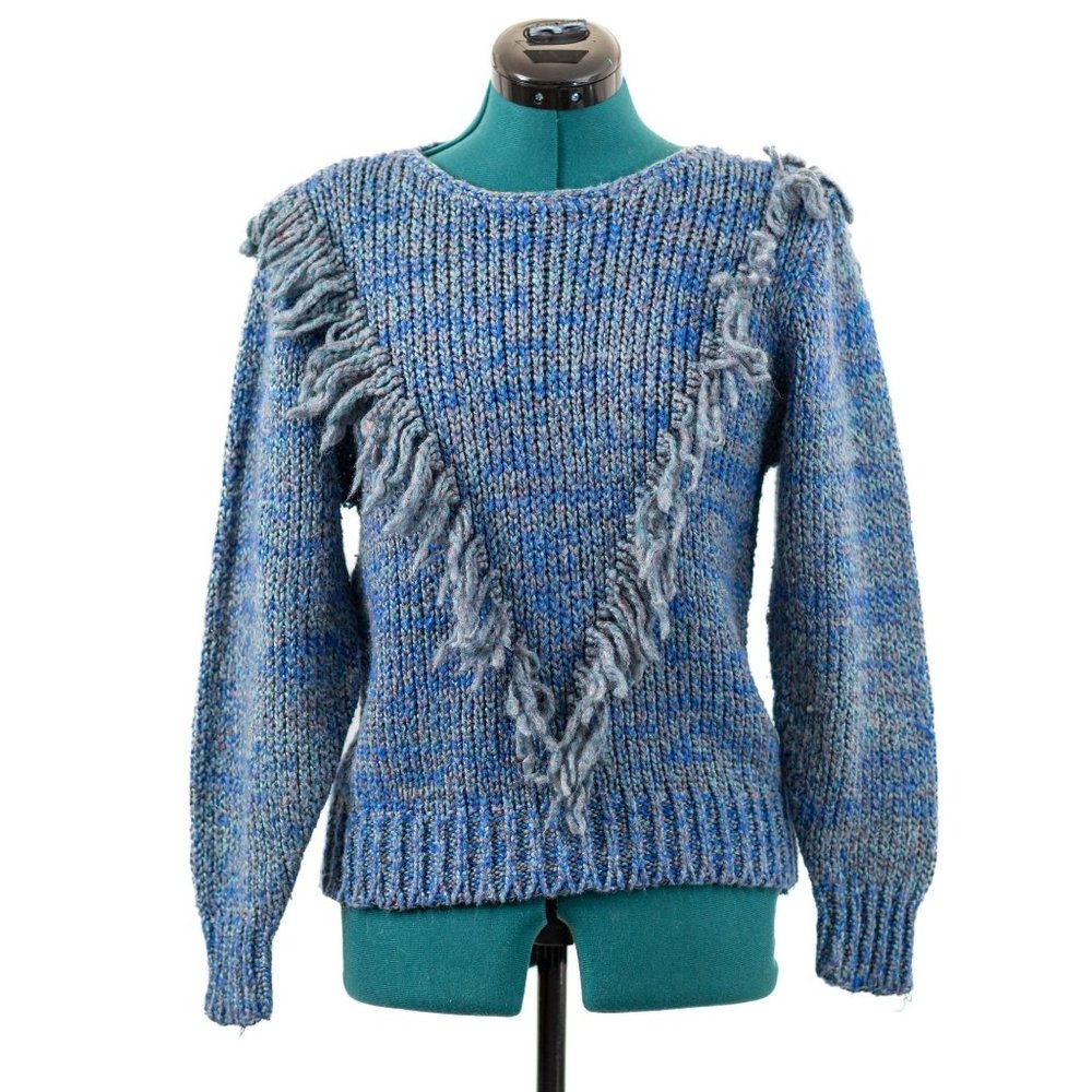 Vintage 80s Ginenne Sweater Knit Long Sleeve Blue Fringe Acrylic Womens Large